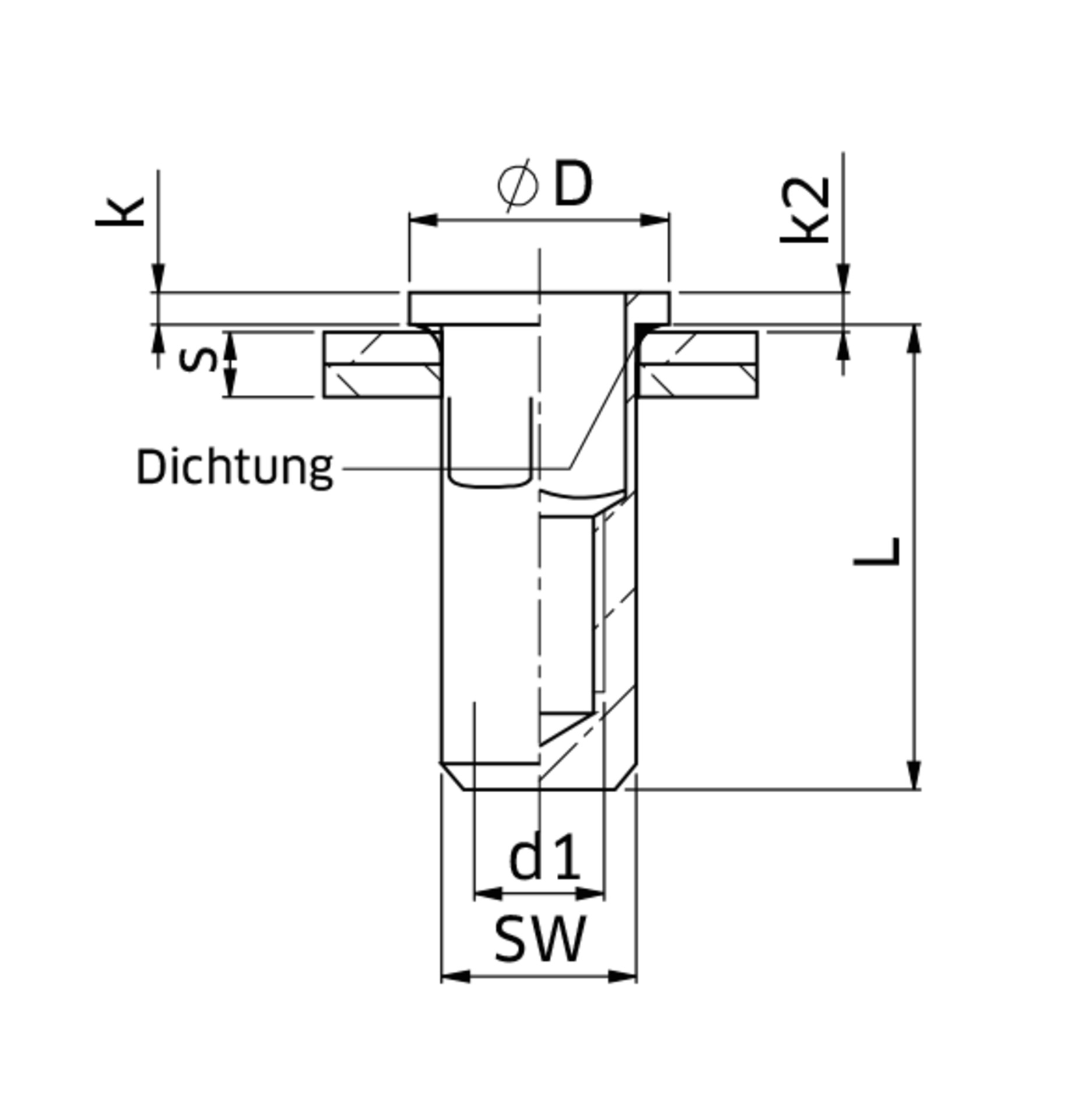 Tubtara® Blindnietmutter Flachkopf mit Dichtung Teilsechskantschaft geschlossen Edelstahl A2 IP67
