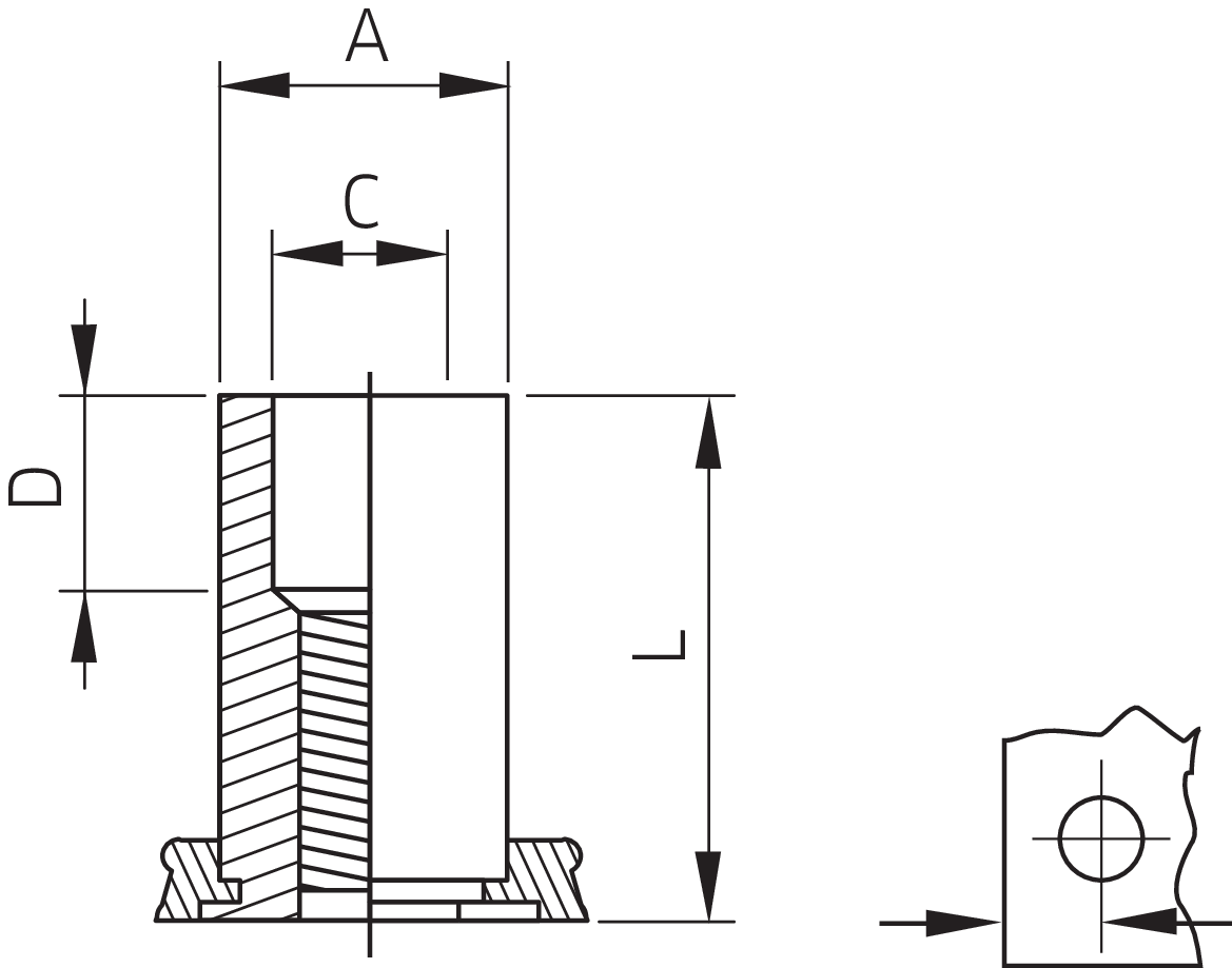 Captive® Einpress-Gewindebuchsen für Metall A2 (Serie CFSOS)
