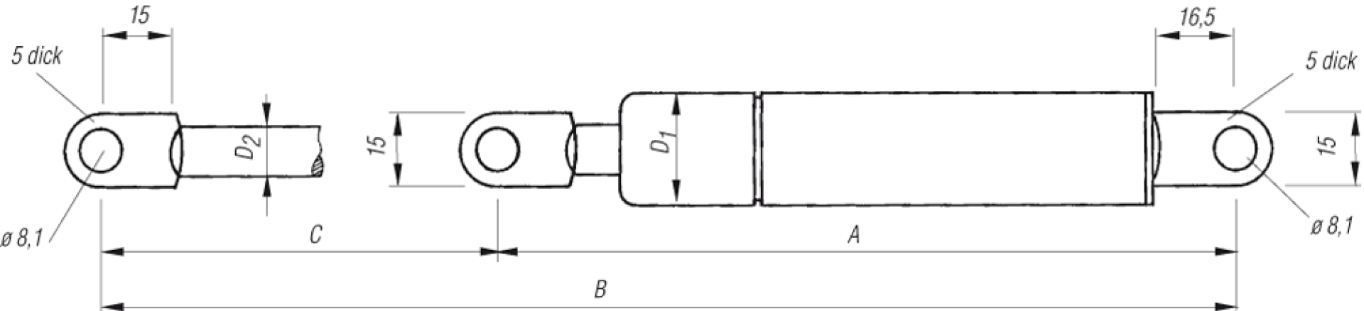 Gasdruckfeder 700N – 10/21 Mm, Hub 350 Mm, Länge 785 Mm – Beidseitige Ösen, Ø 8,1 Mm